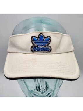 Adidas Vintage Cream Cotton Flex Visor Cap Hat Blue Embroidered Logo LG-XL